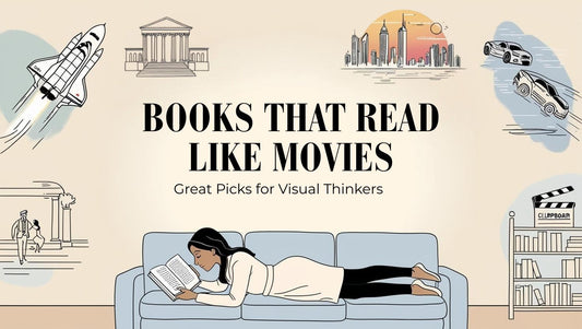 Person reading a book with movie-like scenes floating above