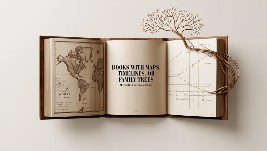 Minimalist map, timeline, and family tree elements in a book-themed layout