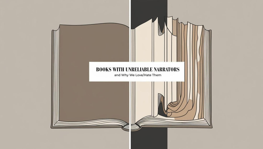 Split book illustration showing two perspectives, symbolizing unreliable narration.