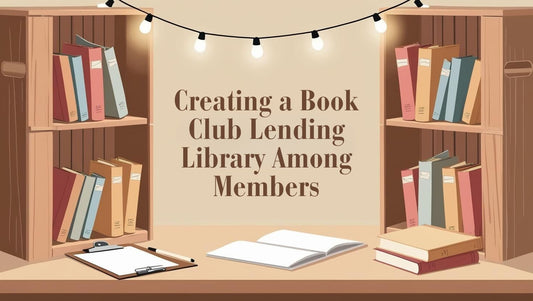 Lending library with labeled books and cozy reading setup for book club members.