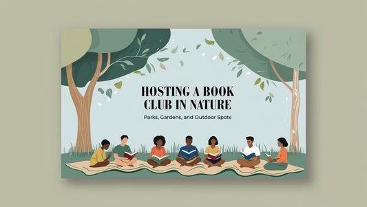 Small group reading books outdoors under trees, enjoying a calm nature setting.