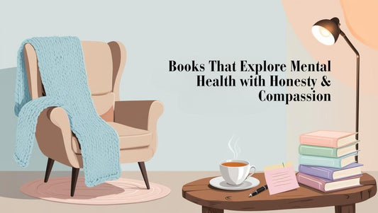 Stack of calming books and a warm reading setup focused on mental health and self-care.”