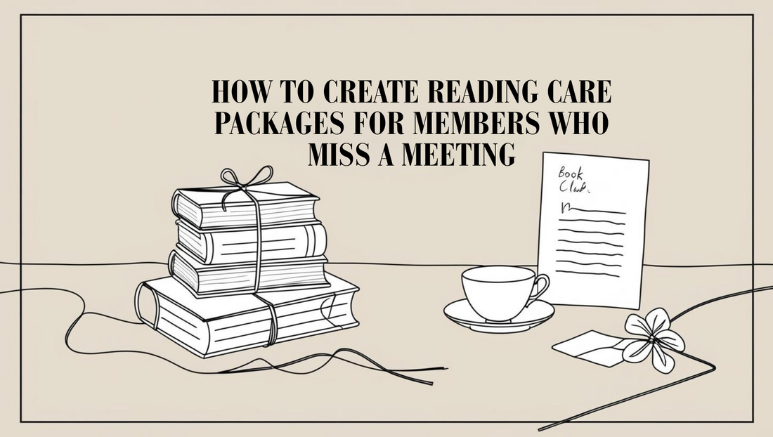 Minimalist lineart illustration of a reading care package with books, a note, and a tea cup for book club members