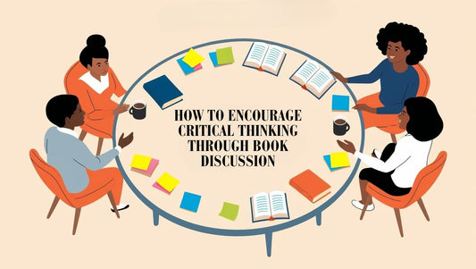 Book club members in discussion around a table with books and notes, promoting critical thinking through book discussion.