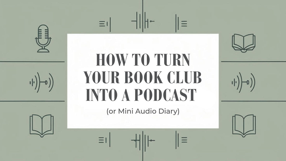 line-art illustration featuring a vintage microphone, open book, and audio waves on an earthy pastel background, symbolizing a book club podcast