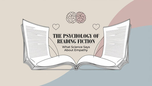 Minimalist line art showing two books connected by soft lines and heart icons, symbolizing empathy in fiction