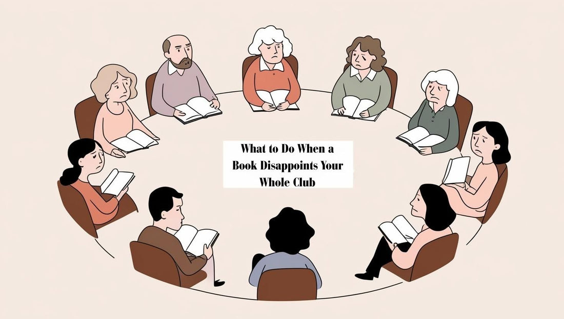Book club members looking disappointed after reading a book, with books and mugs on the table