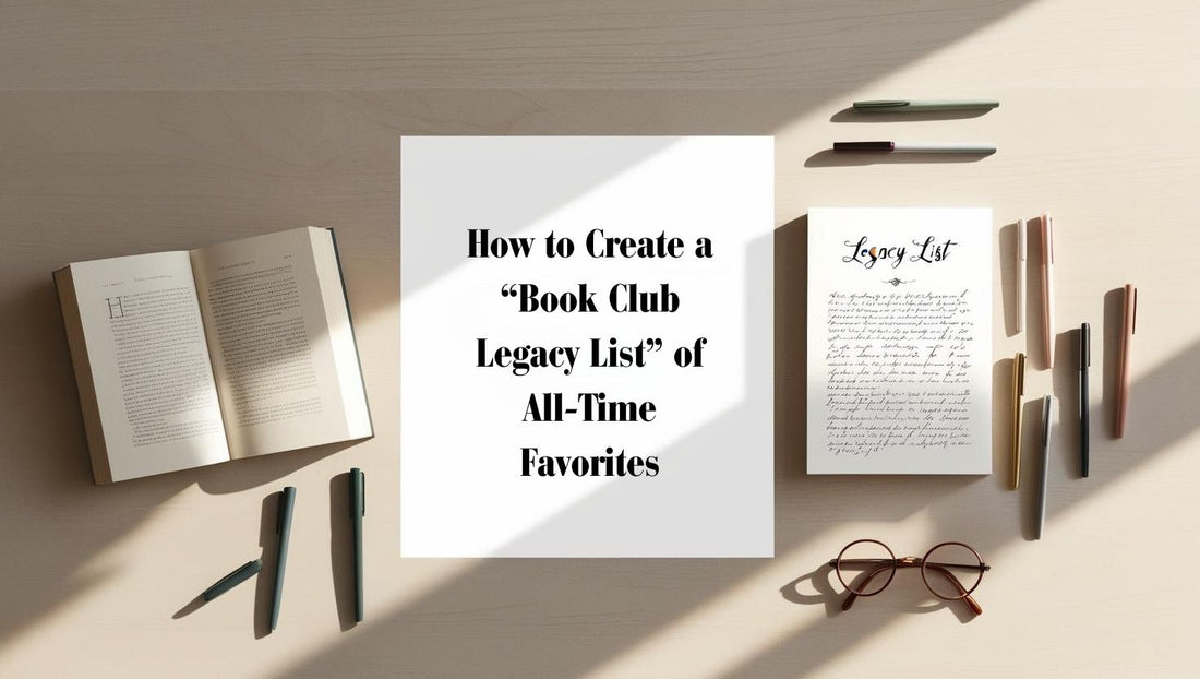 Flat lay of a legacy book list with open book, pen, and notebook on a cozy reading table.