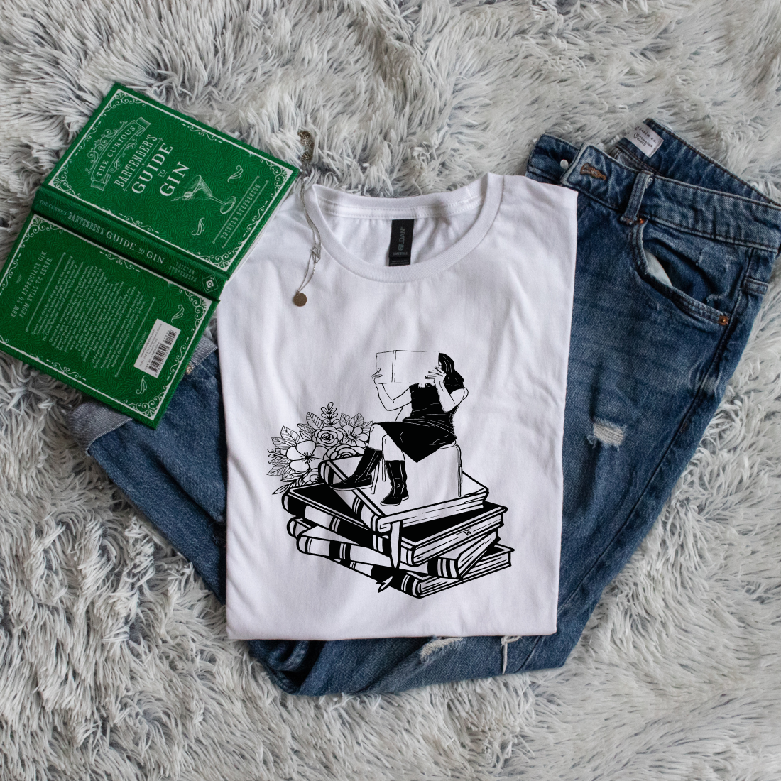 Girl Sitting On Books Reading Flowers