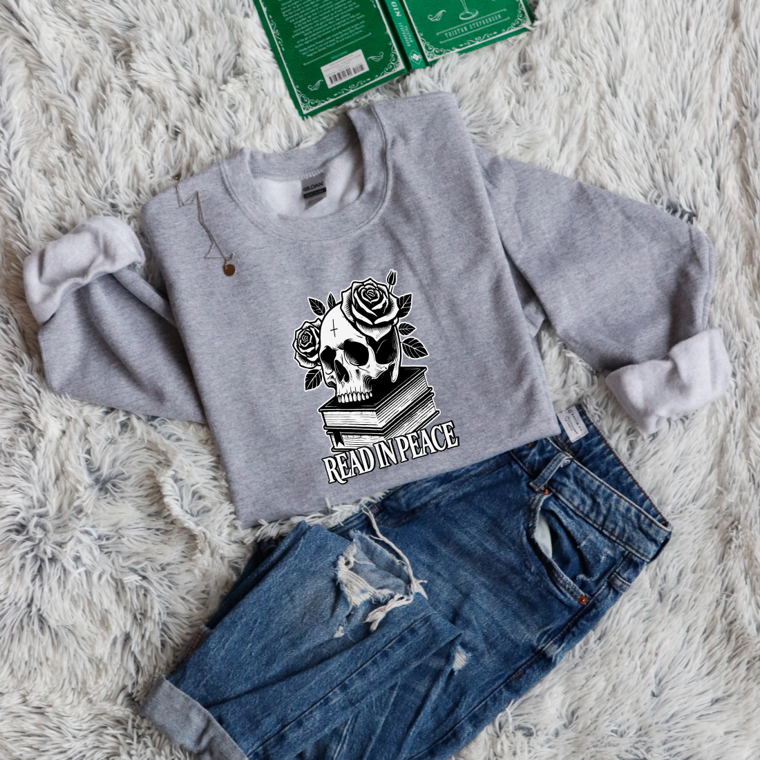 Read in peace books skull rose