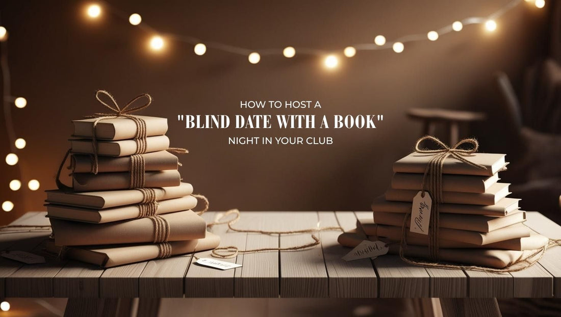 Wrapped books on a table with handwritten teaser tags, ready for a Blind Date with a Book night.
