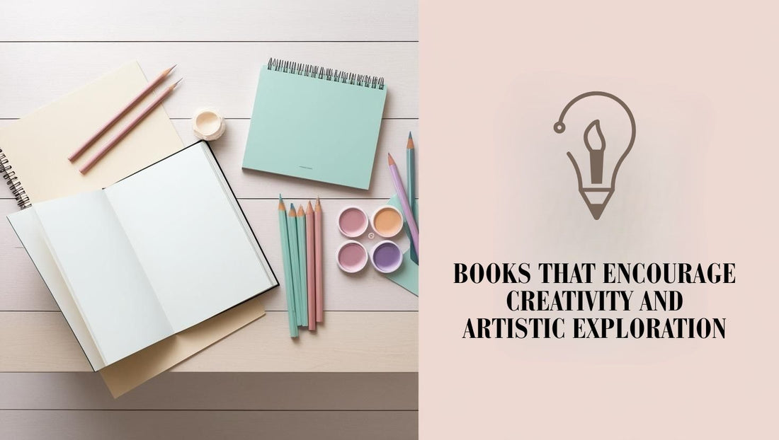 Creative workspace with open books, sketchpad, art supplies, and soft natural light