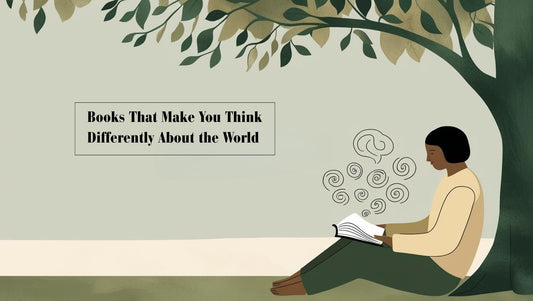Person reading under a tree with ideas and worlds emerging from the book.