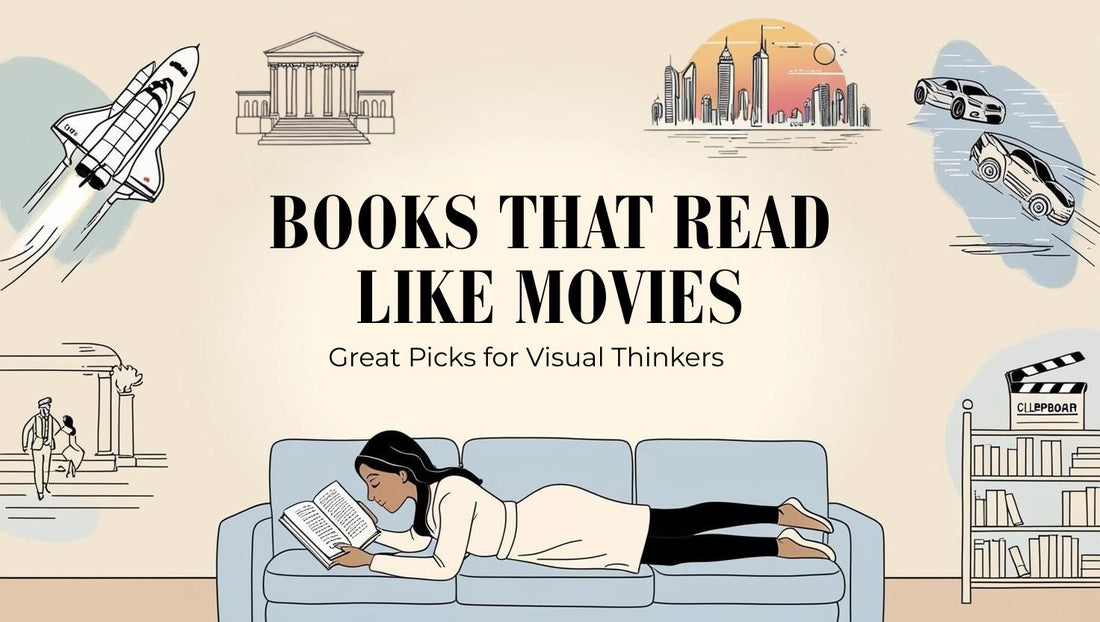 Person reading a book with movie-like scenes floating above