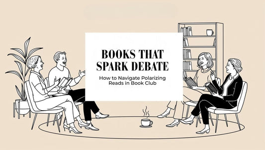 Line-art illustration of a diverse book club in thoughtful discussion, with emotional reactions
