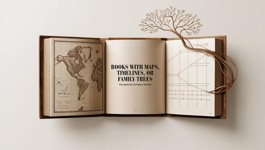 Minimalist map, timeline, and family tree elements in a book-themed layout
