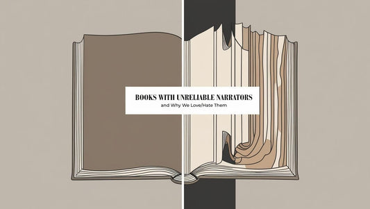 Split book illustration showing two perspectives, symbolizing unreliable narration.