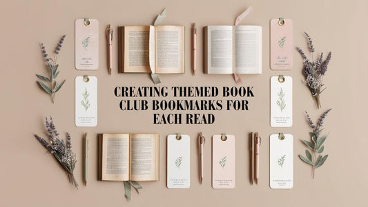 Flat lay of themed bookmarks beside open books and pens on a pastel background.