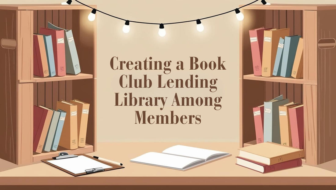 Lending library with labeled books and cozy reading setup for book club members.
