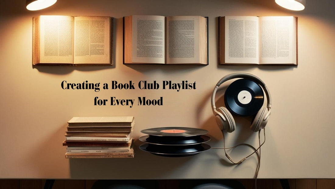 “Books and headphones on a reading table, symbolizing a playlist for book club sessions.”
