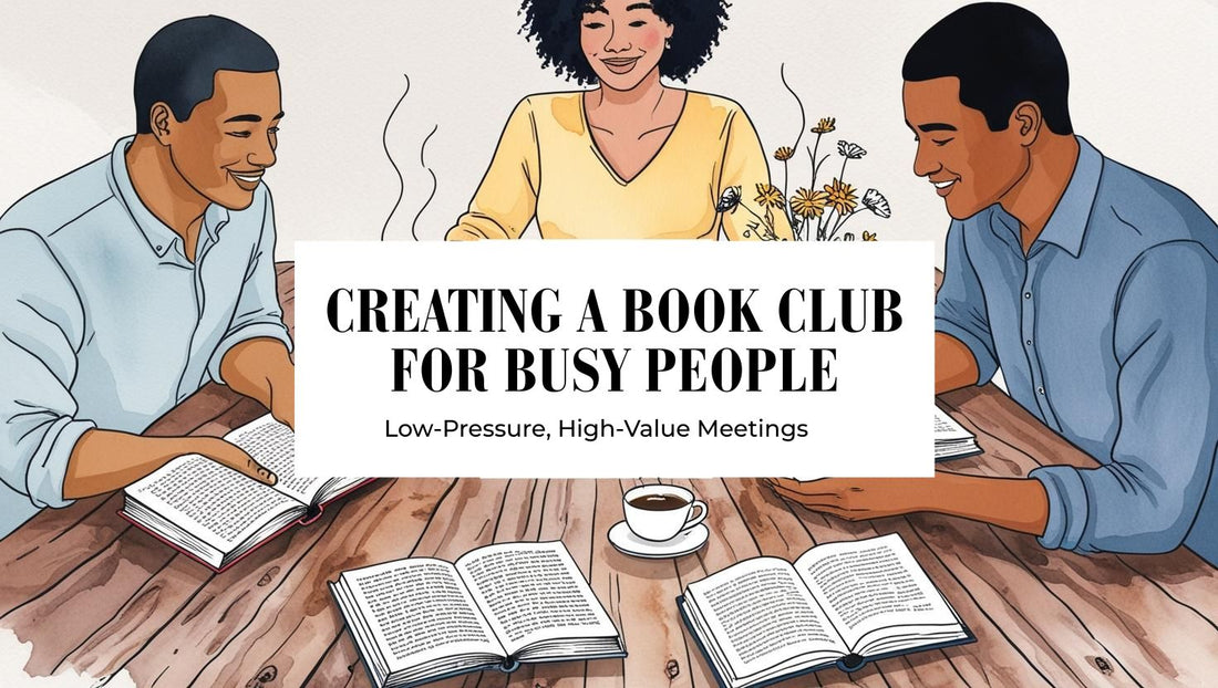 Line-art illustration of a relaxed book club meeting with diverse members, open books, and coffee cups