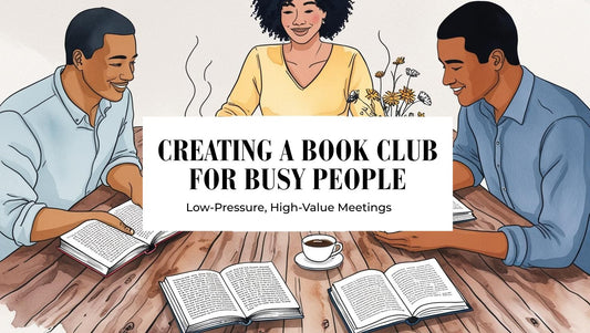 Line-art illustration of a relaxed book club meeting with diverse members, open books, and coffee cups