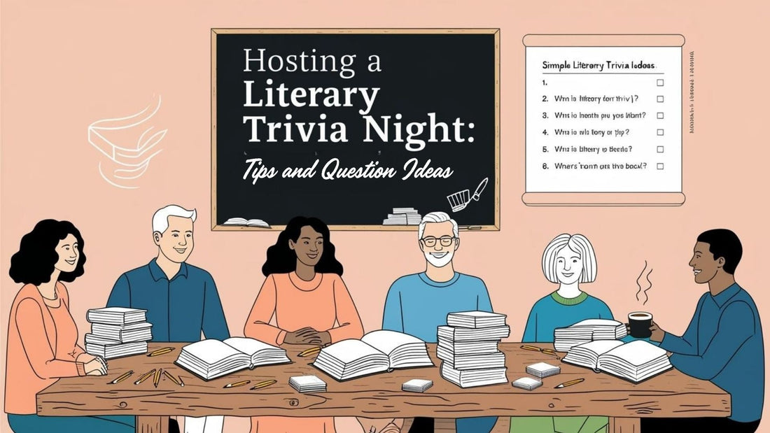 literary trivia night with people around a table, open books, trivia cards