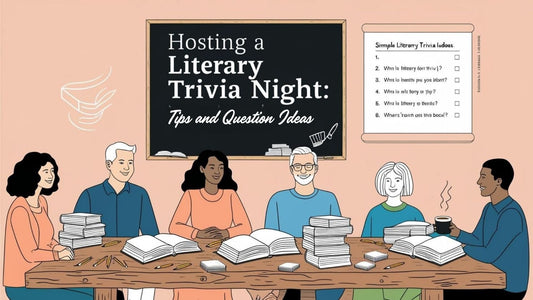 literary trivia night with people around a table, open books, trivia cards