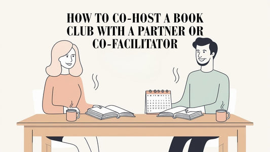 Two book club co-hosts planning a meeting with books, coffee, and a calendar.