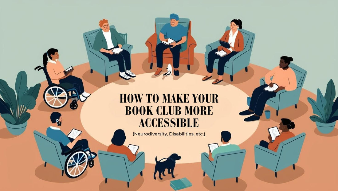Inclusive book club setup with diverse members, cozy seating, and accessibility tools like large print books or tablets