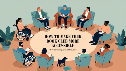 Inclusive book club setup with diverse members, cozy seating, and accessibility tools like large print books or tablets