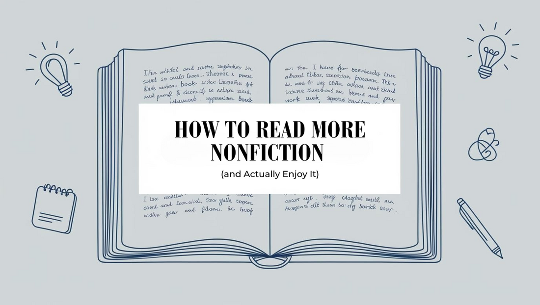  open book with handwritten notes and simple icons, designed for nonfiction reading tips