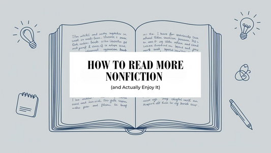  open book with handwritten notes and simple icons, designed for nonfiction reading tips