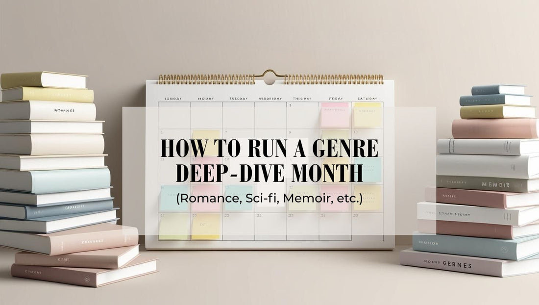 Minimalist image of a calendar with sticky notes labeled Romance, Sci-fi, and Memoir, surrounded by books