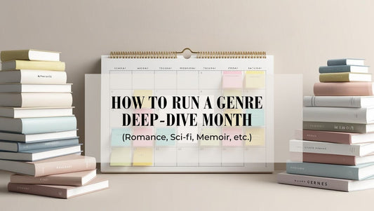 Minimalist image of a calendar with sticky notes labeled Romance, Sci-fi, and Memoir, surrounded by books