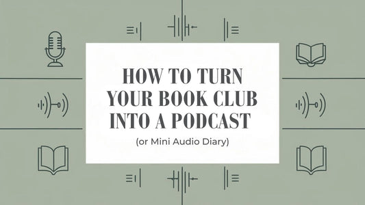 line-art illustration featuring a vintage microphone, open book, and audio waves on an earthy pastel background, symbolizing a book club podcast