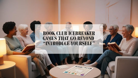 A cozy book club group playing a fun icebreaker game together in a relaxed setting.
