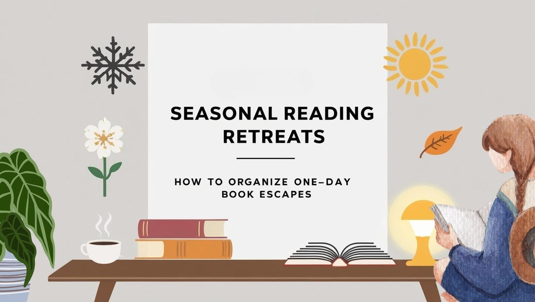 Line-art 16:9 cover for Seasonal Reading Retreats featuring an open book, coffee cup, and seasonal icons.