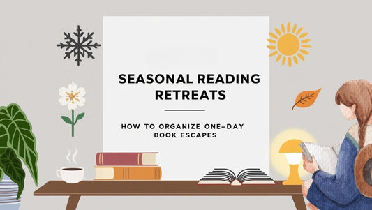 Line-art 16:9 cover for Seasonal Reading Retreats featuring an open book, coffee cup, and seasonal icons.