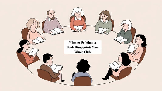 Book club members looking disappointed after reading a book, with books and mugs on the table