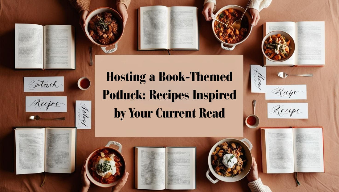 Book-themed potluck table with dishes inspired by novels and handwritten recipe cards