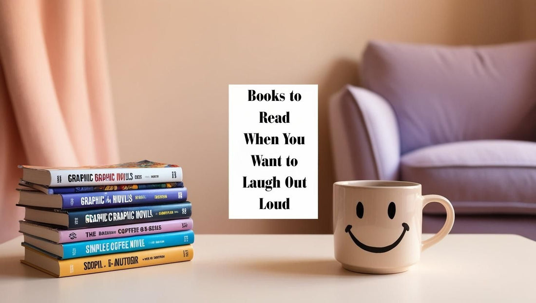 A cozy stack of funny books beside a smiling mug on a reading table.