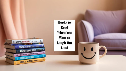 A cozy stack of funny books beside a smiling mug on a reading table.