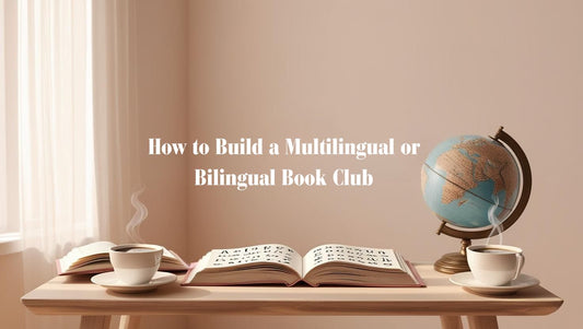 “Open books in different languages on a cozy table, symbolizing a multilingual book club.”