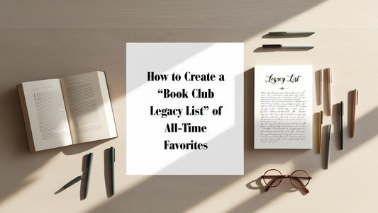 Flat lay of a legacy book list with open book, pen, and notebook on a cozy reading table.