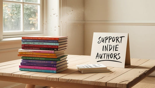 Cozy book club scene with indie books stacked on a table and a handwritten support indie authors sign.