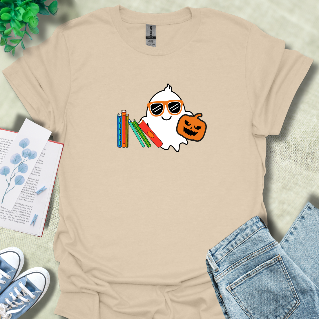 Cute ghost and books