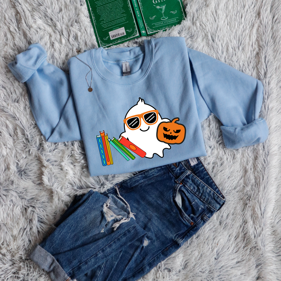 Cute ghost and books