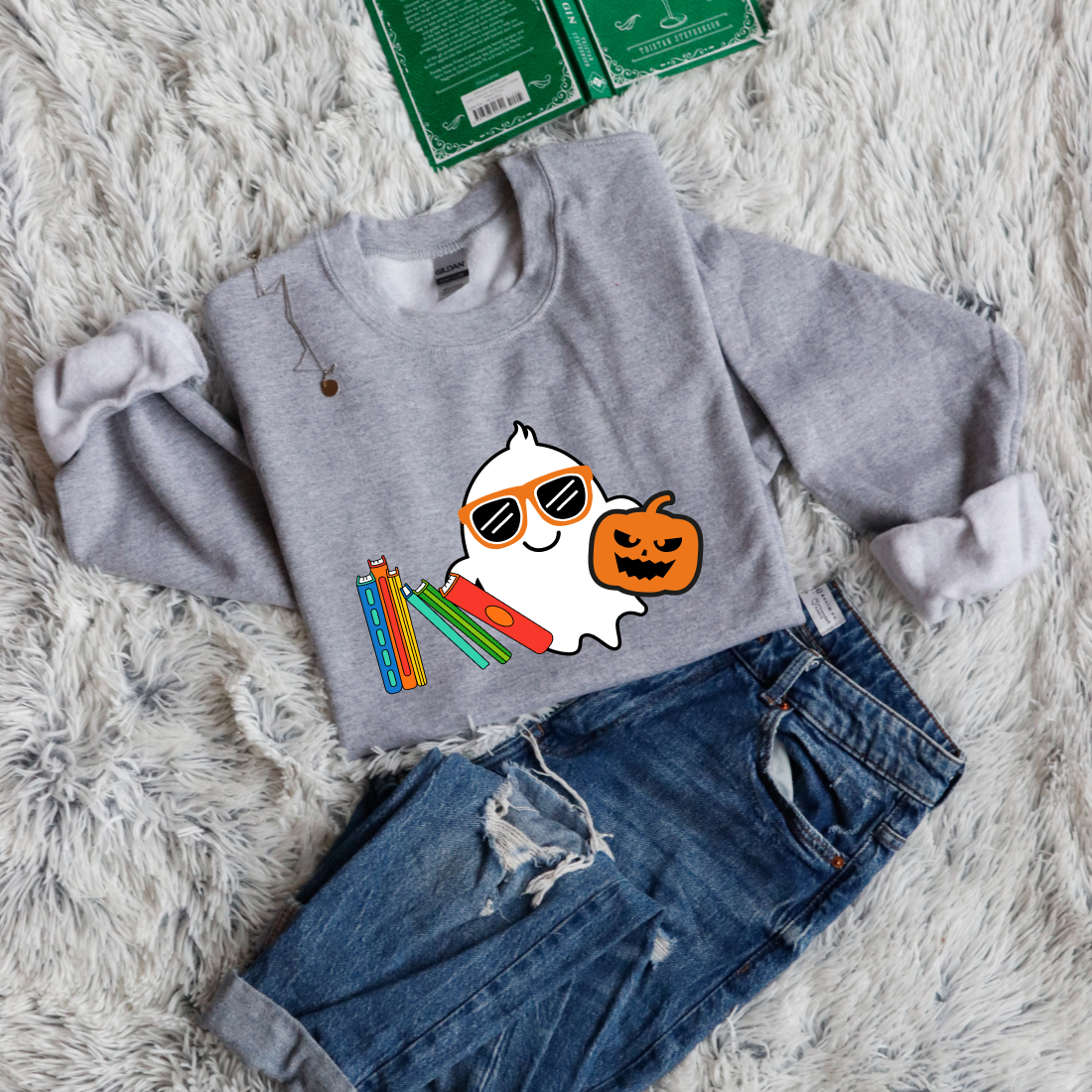 Cute ghost and books