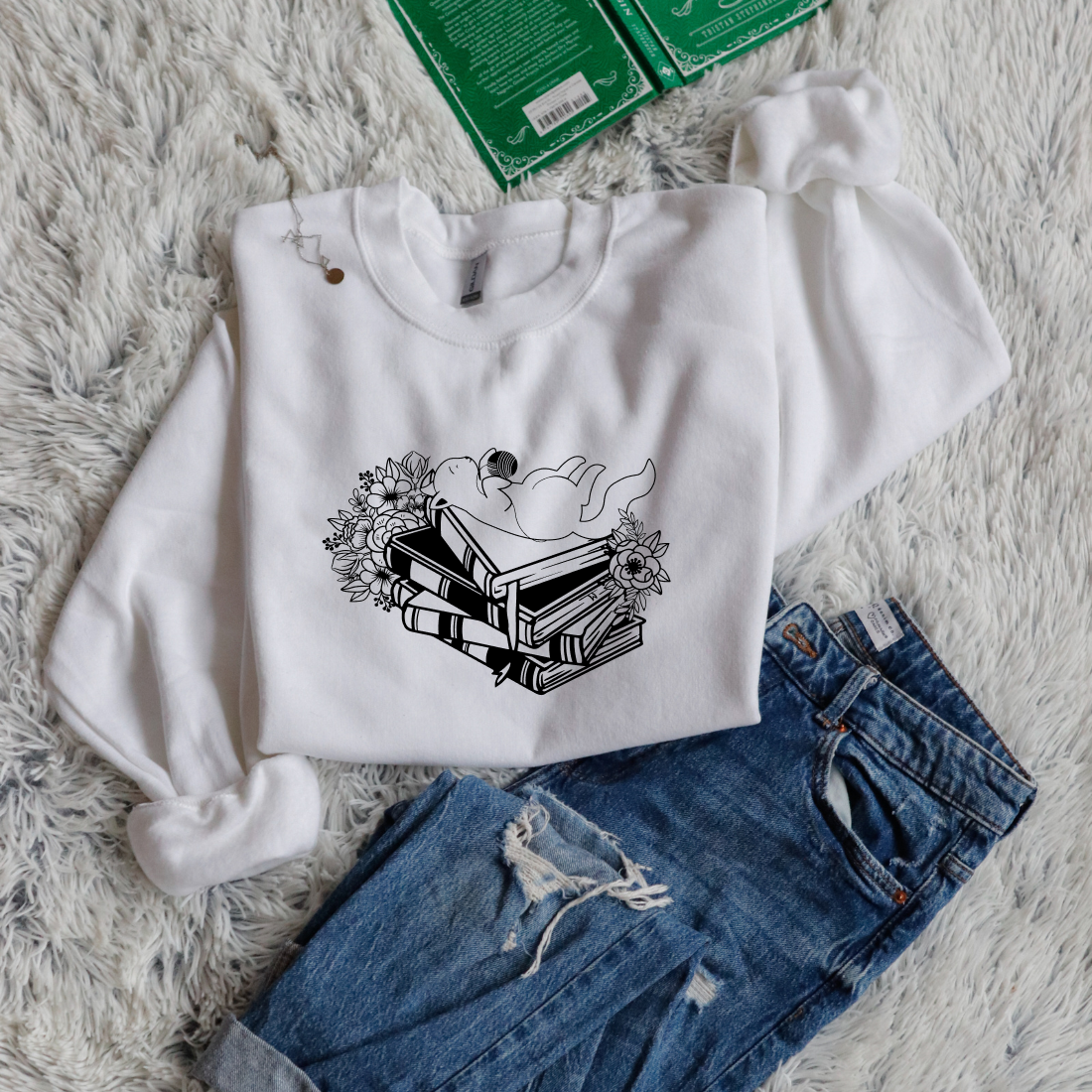 Cat On Books Flowers